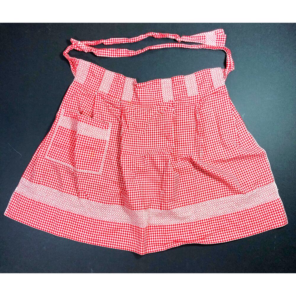 Retro Red Gingham Apron with Pocket, Cross Stitch, White Check Back Tie Vintage